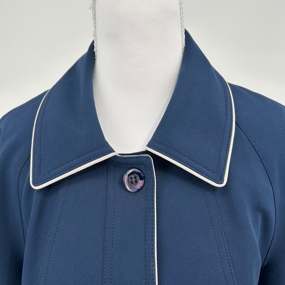 Classic Navy Blue Gray Trim Button Front Women's Trench Coat Jacket Made in USA - Picture 6 of 15